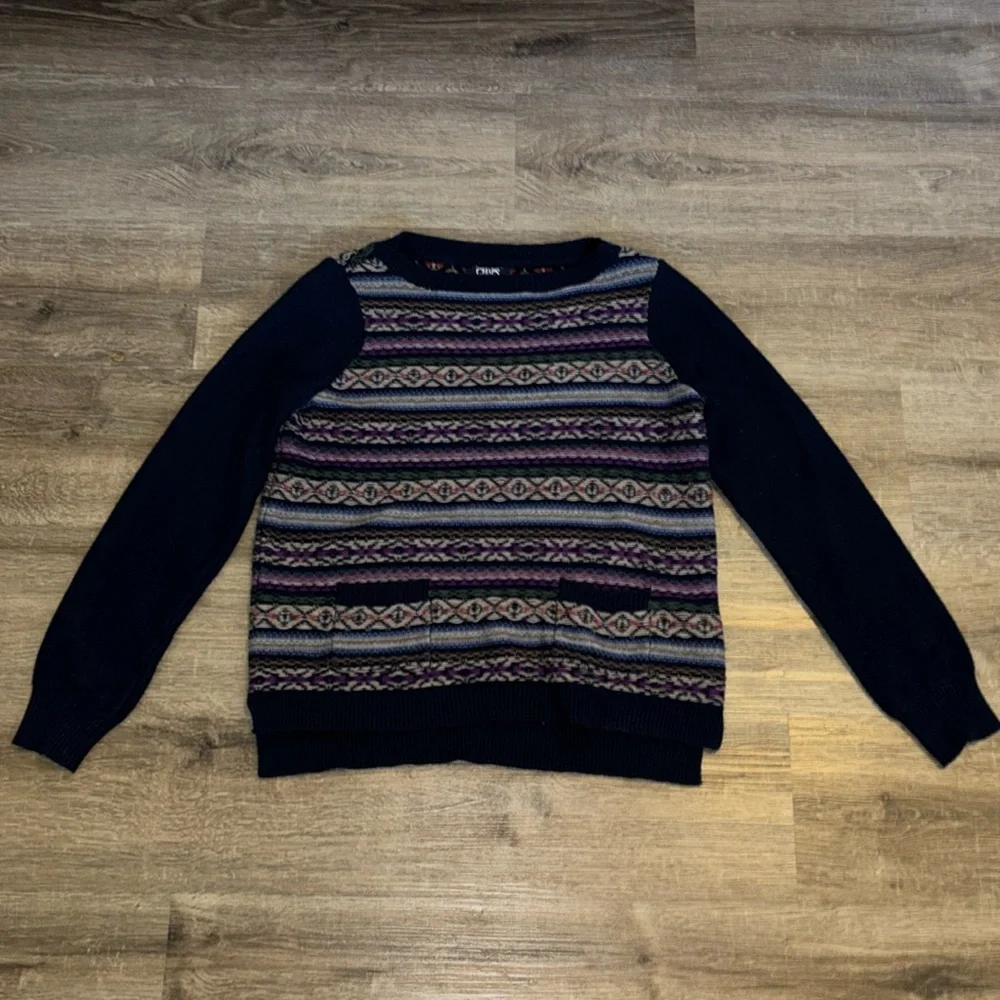 CHAPS Petite Medium Knit Abstract Vintage Sweater Navy Blue - Picture 1 of 2